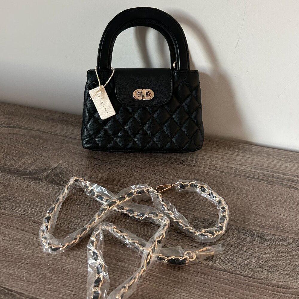 NEW BILLINI Quilted Black Faux Leather Mini Handbag Detachable Chain Crossbody